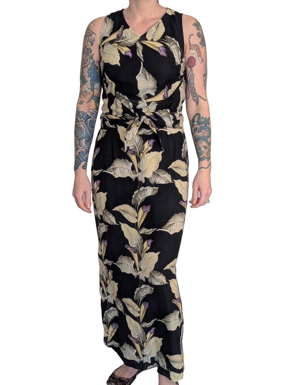 Tommy Bahama Silk Wrap Top Maxi Dress Black Floral Sleeveless | 6